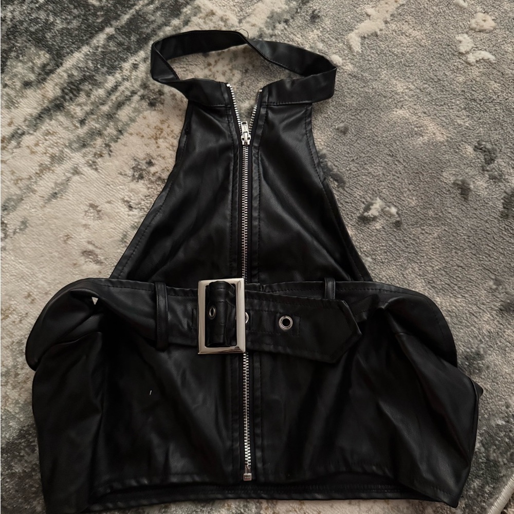 Black Halter Top with Zipper and Belt